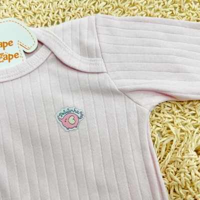 Conj. Body Manga Longa Elefantinho e Calça Canelada - Rosa Bebê